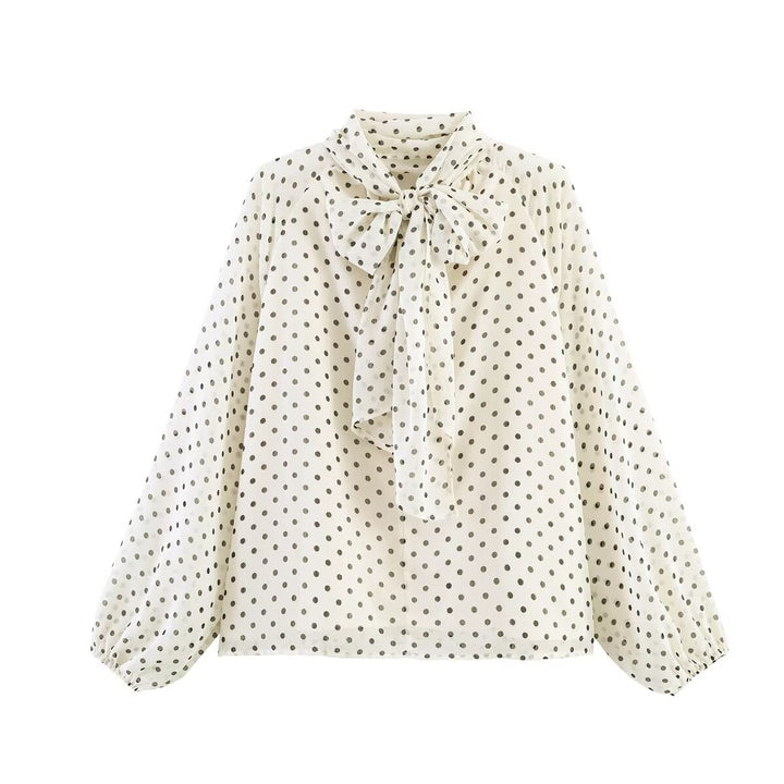 Women 50+ silk-like polka dot slip blouse with bow collar and balloon sleeves Mune Fashion