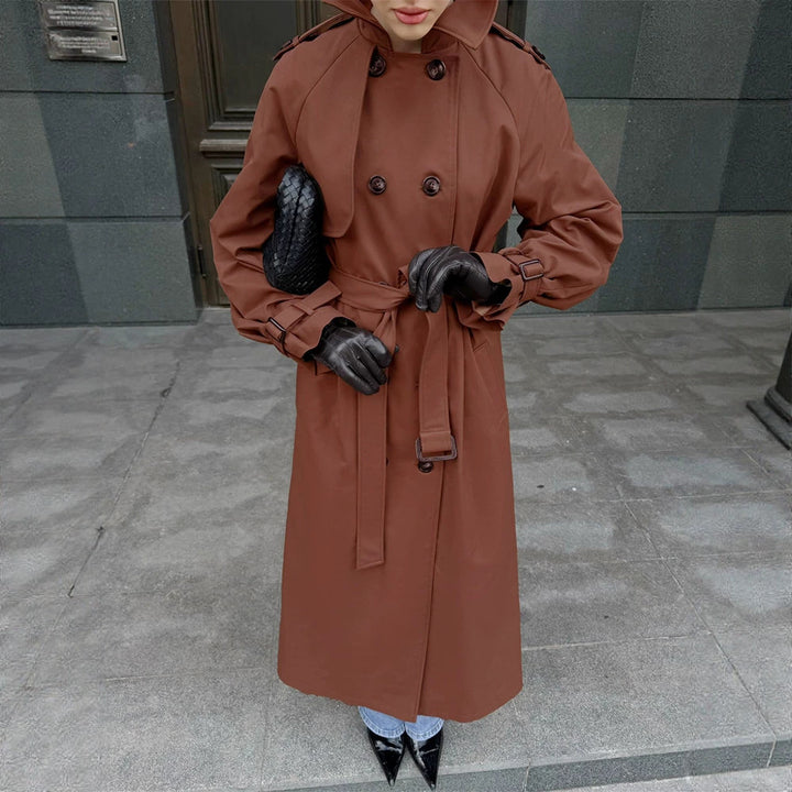 Women long cut water-repellent trench coat with high stand-up collar and waist belt Mune Fashion