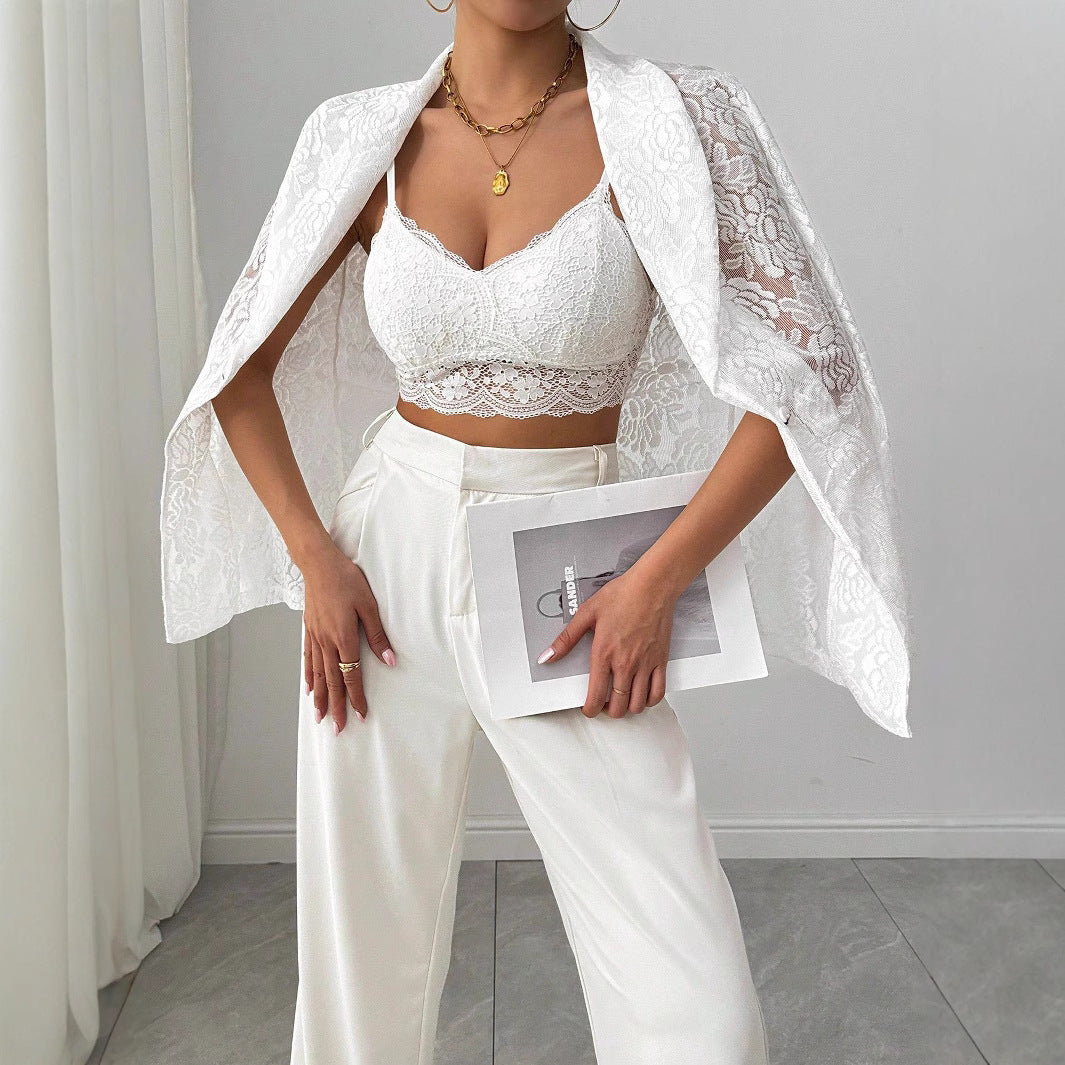 Ladies nan lace blazer with shawl collar and floral transparency Mune Fashion