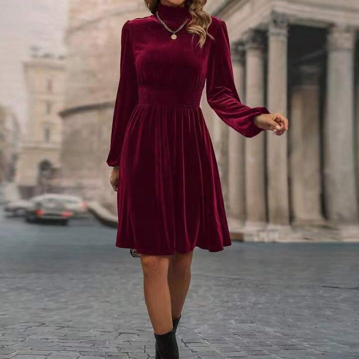 Women Velvet Dress with High Neck Design and Elegant Long Sleeves Mune