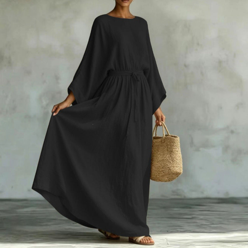 Women's Long Linen Look Kaftan Dress with Drawstring Waist and Batwing Sleeves Mune Fashion