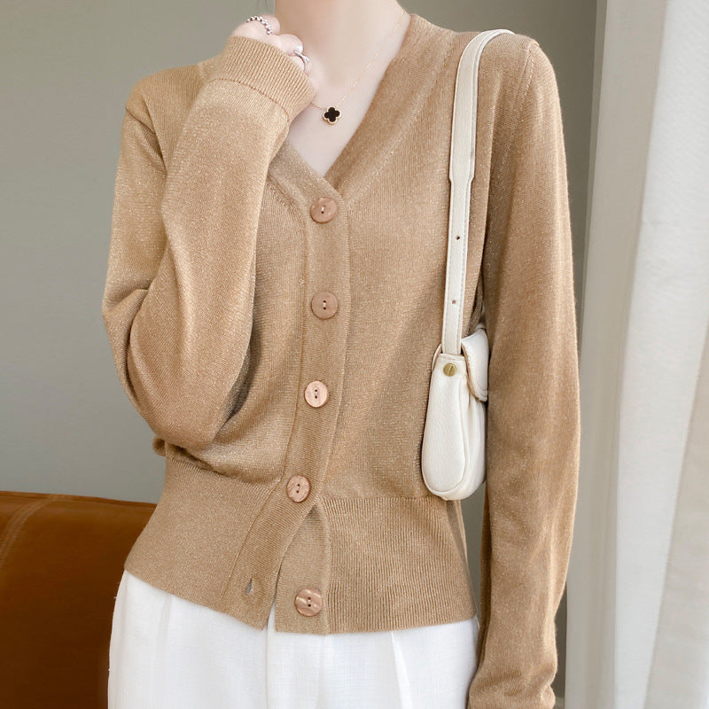 Women Light V-Neck Cardigan with Side Hem Slit and Ribbed Cuff Mune Fashion