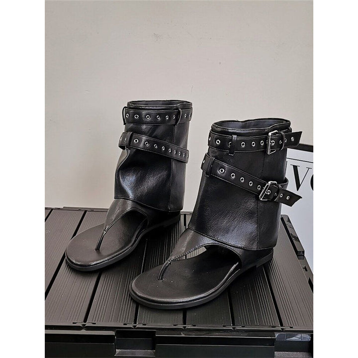 Women's ankle-high toe-post sandals in biker look with double belt and eyelet trim Mune Fashion