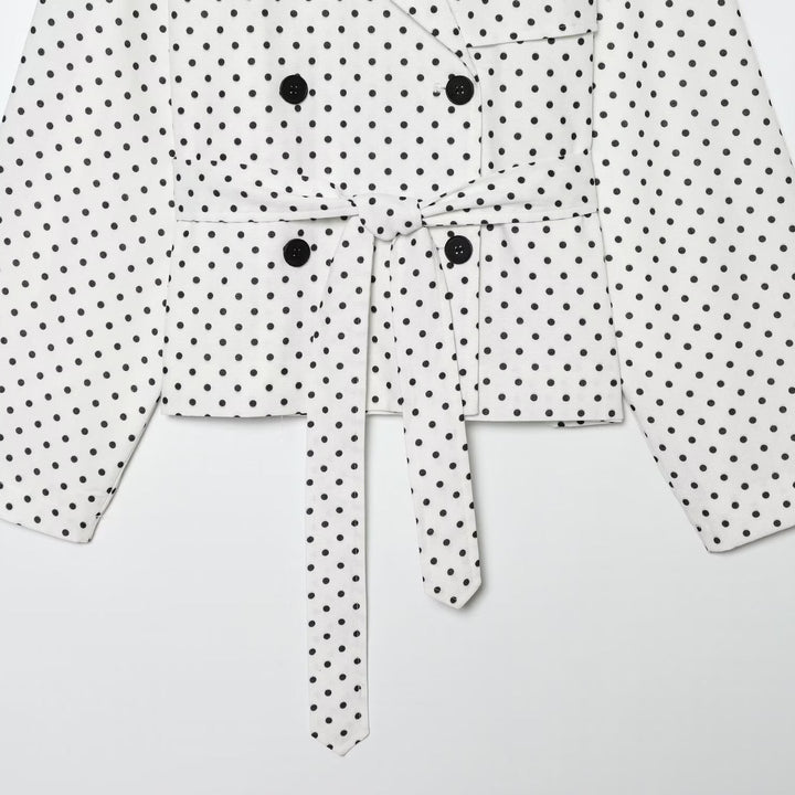 Women Polka Dot Cropped Trench Coat with Waist Belt and Double Breasted Button Placket Mune Fashion