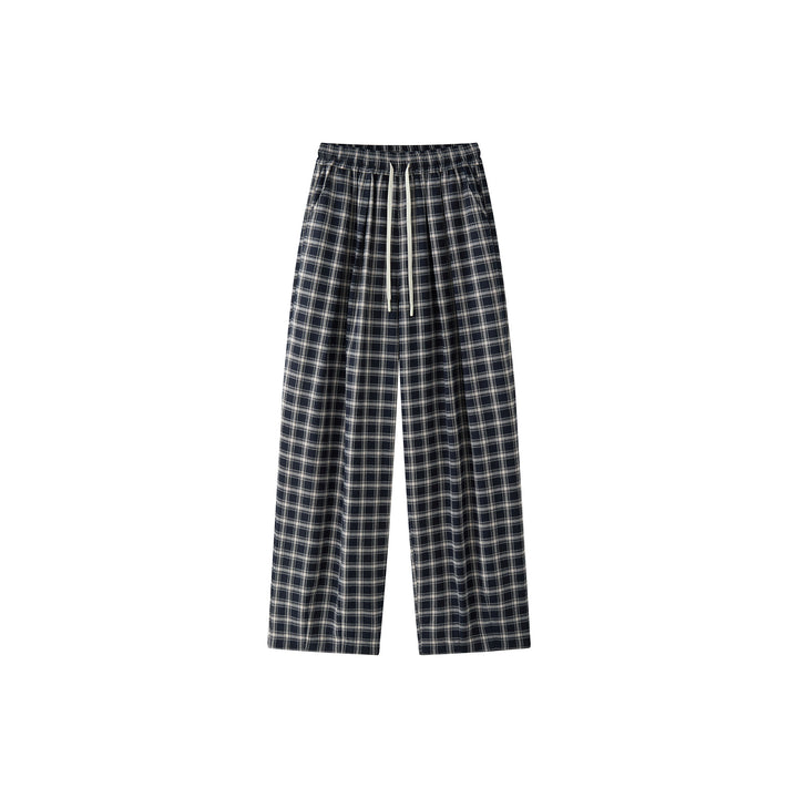 Ladies Wide Checkered High-Waist Baggy Pants with Drawstring Mune Fashion