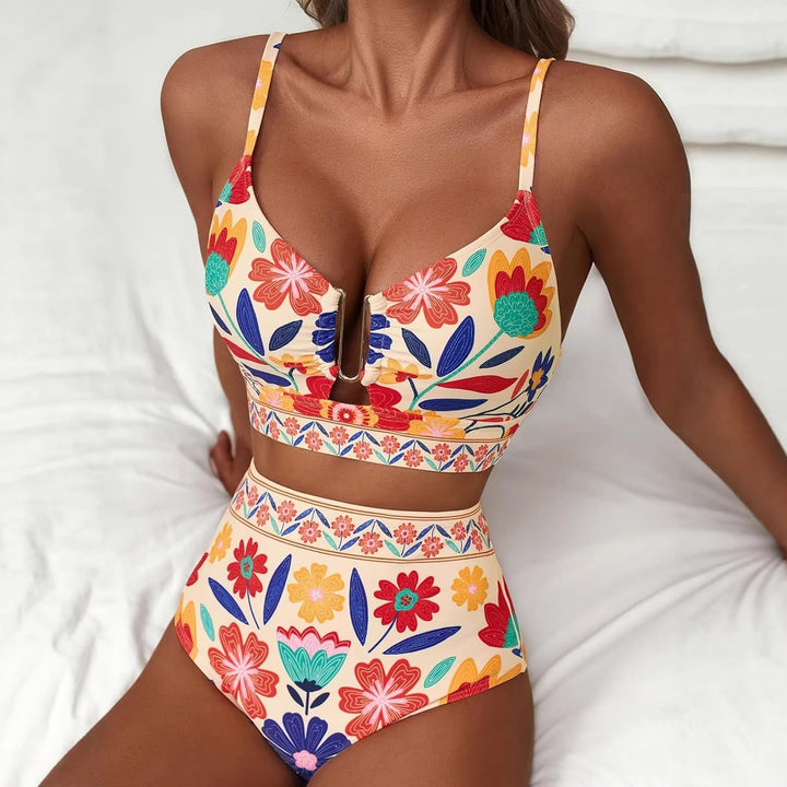Women High-Cut Bikini with Floral Pattern and Leopard Print Mune Fashion