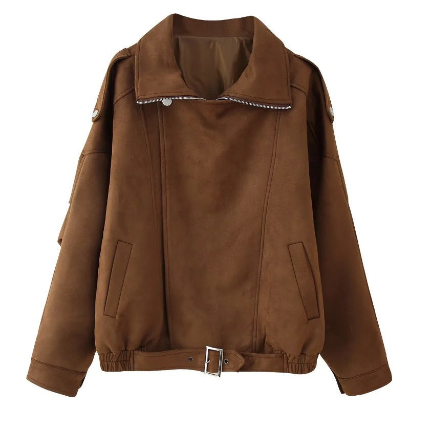 Women's oversized velour biker jacket with stand-up collar, shoulder flaps, and adjustable hip belt Mune Fashion