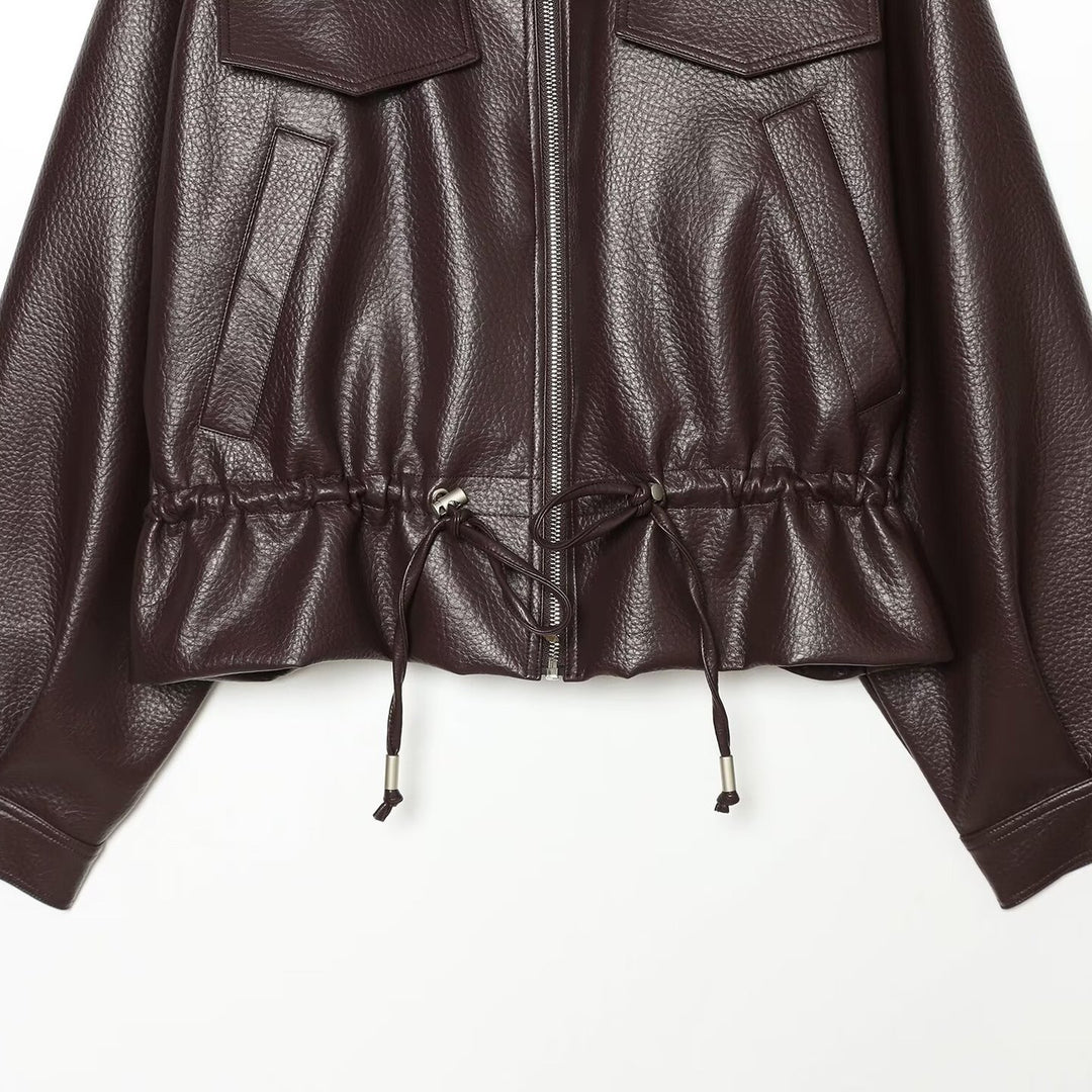 Women's Cropped Faux Leather Blouson with High Stand-up Collar, Flap Pockets and Drawstring