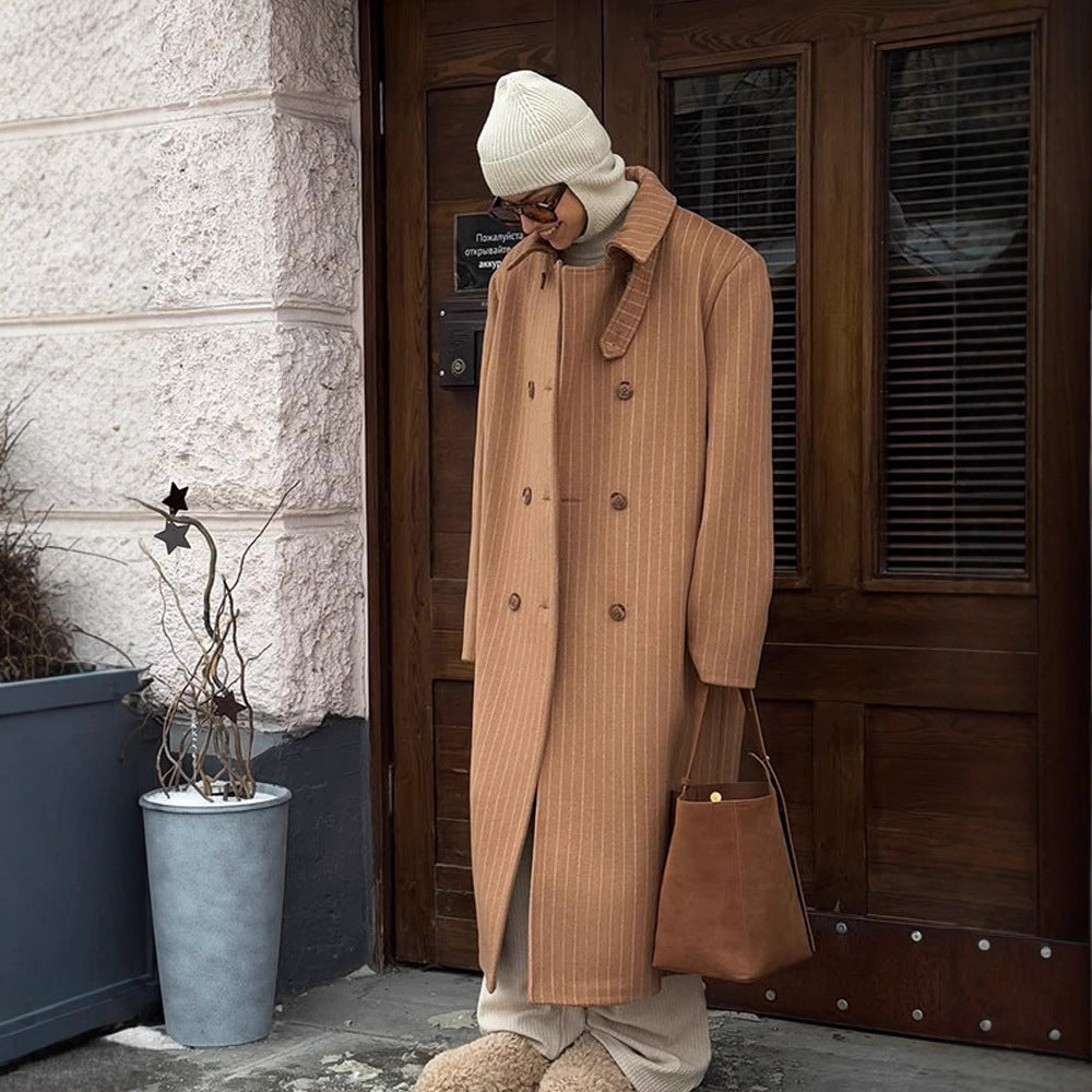 Women Double-Breasted Oversized Wool Blend Coat with Pinstripes and Loose Fit Mune Fashion