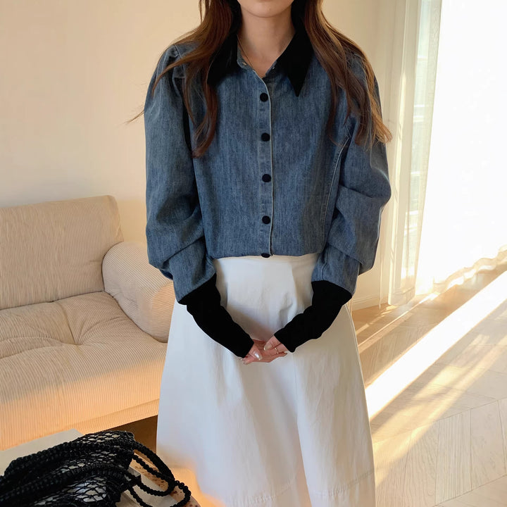 Damen Denimbluse mit Elegantem Kragen Mune Fashion