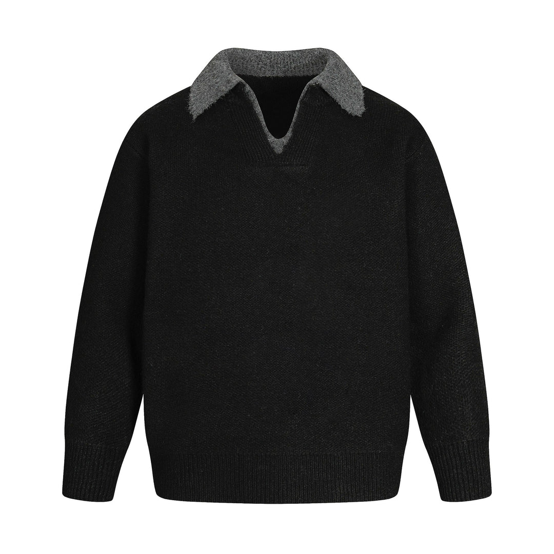 Women Oversize Wool Blend Sweater with Contrast Polo Collar and V-Neck Mune Fashion