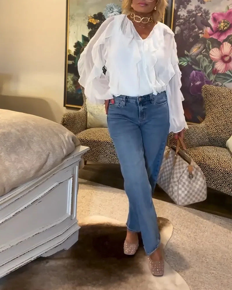 Women's semi-transparent layered ruffle blouse made of chiffon with balloon sleeves and hidden button placket Mune Fashion