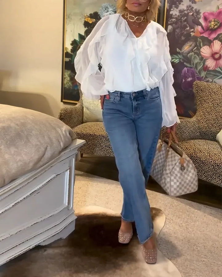 Women's semi-transparent layered ruffle blouse made of chiffon with balloon sleeves and hidden button placket Mune Fashion