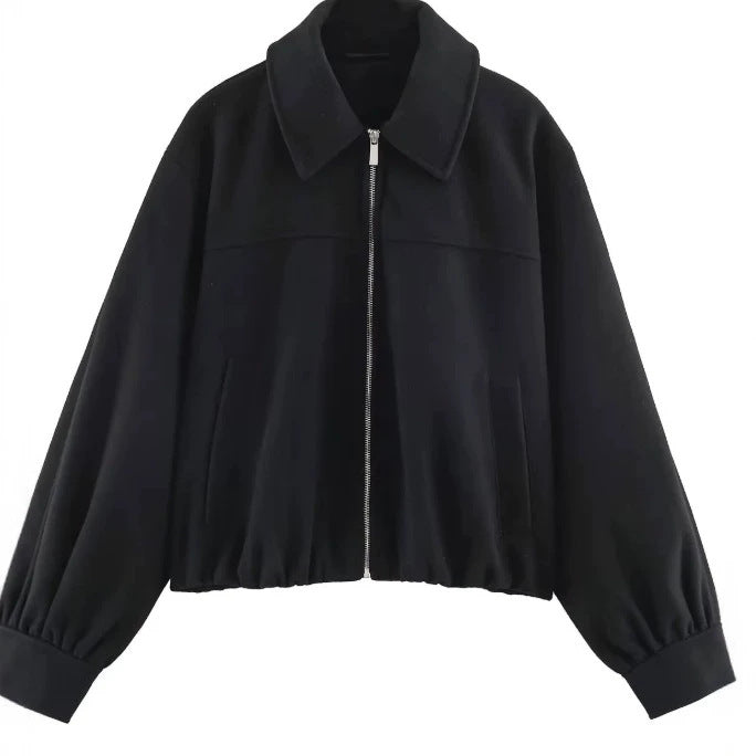 Women’s Short Cut Wool Bomber Jacket with Zipper and Elastic Hem Mune Fashion