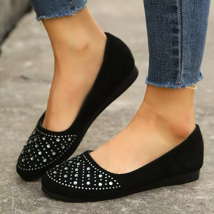 Women's flat ballerina slippers made of imitation suede with rhinestone appliqué and padded comfort insole Mune Fashion