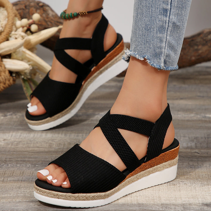 Women's Comfort Wedge Sandals with Elastic Cross Strap and Braided Platform Sole Mune Fashion