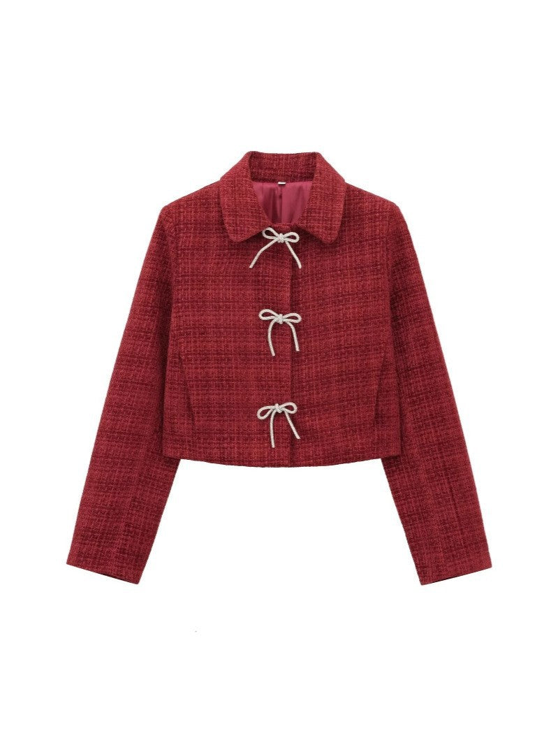 Women's Short Boucle Tweed Jacket with Peter Pan Collar and Decorative Bow Closures Mune Fashion