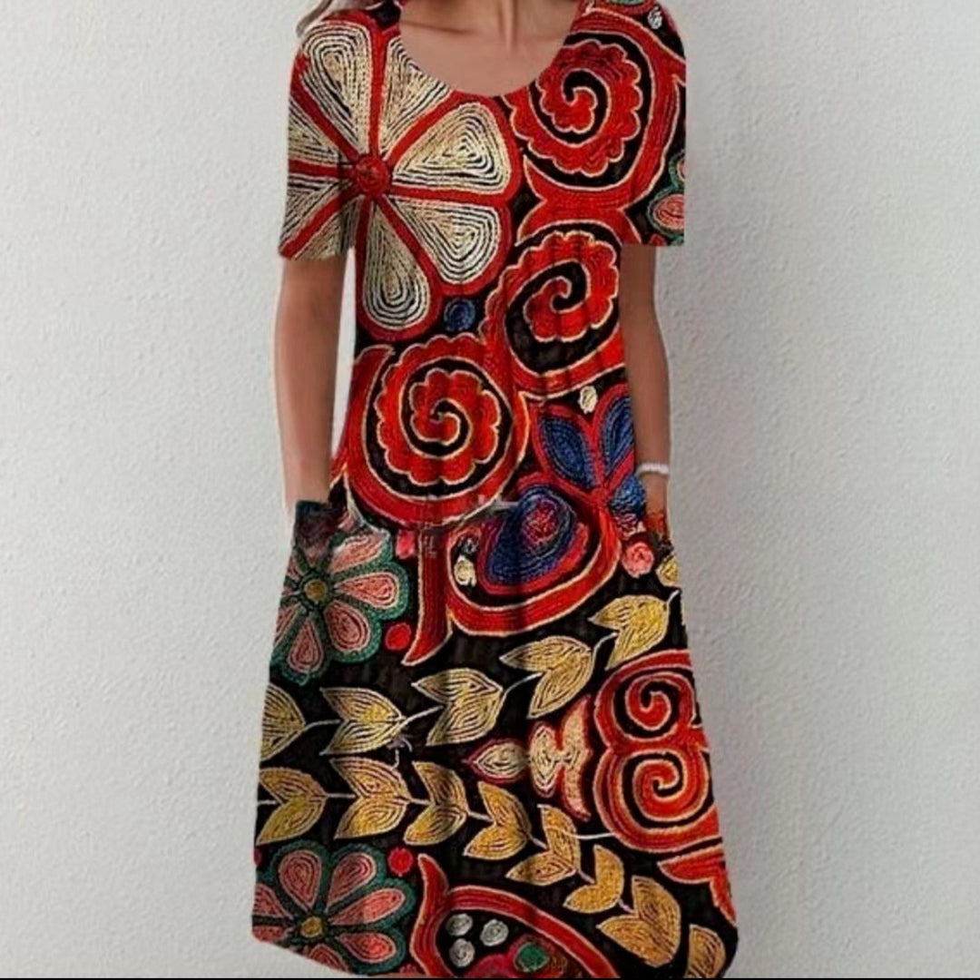 Women Pleated Midi Dress with Short Sleeves, Side Pockets and Floral Hem Mune Fashion