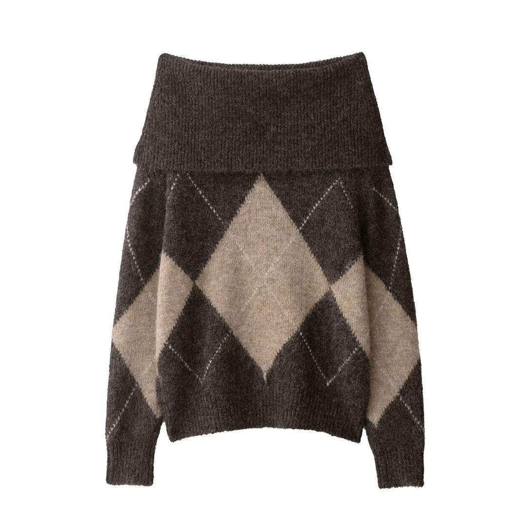 Women 40+ soft mohair blend sweater with wide turtleneck and argyle pattern Mune Fashion