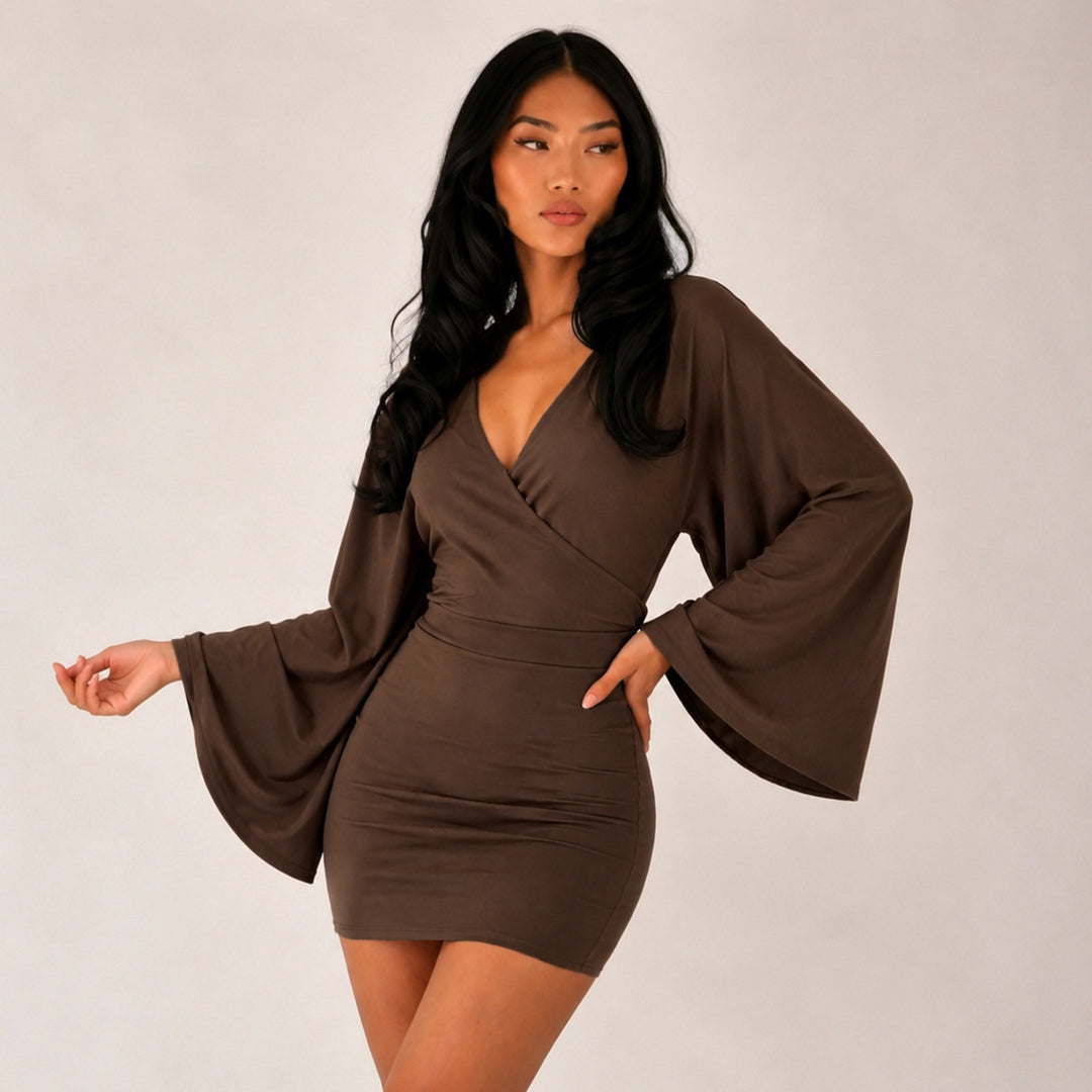 Women's wrap mini dress with kimono sleeves, tailored bodice seam, and stretchy jersey Mune Fashion