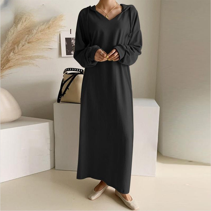 Women's casual hooded maxi dress with V-neck, long sleeves, loose straight cut, and elastic cuffs Mune Fashion