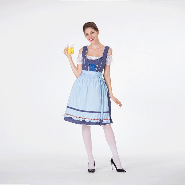 Women's classic traditional dirndl with polka dot bodice, laced corset and removable ruffled apron Mune Fashion