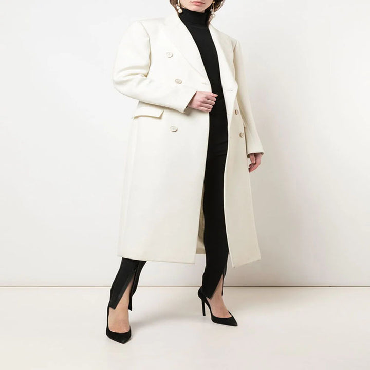 Women Slim fit double-breasted wool blend long coat with distinctive shoulder Mune Fashion