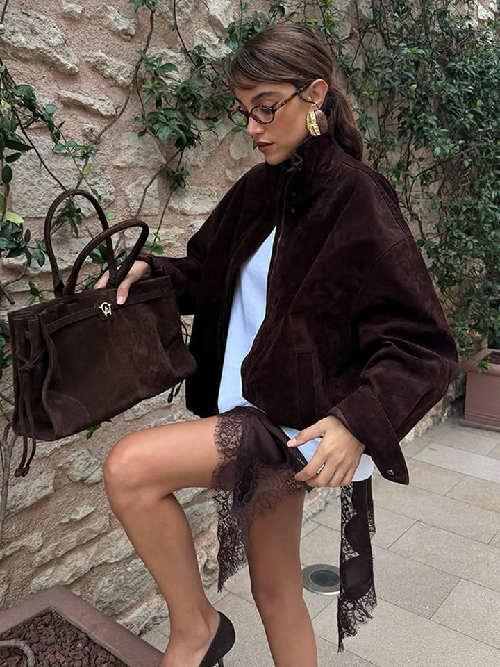 Women's short cut suede leather blouson with high stand-up collar, boxy oversized silhouette and concealed zipper Mune Fashion