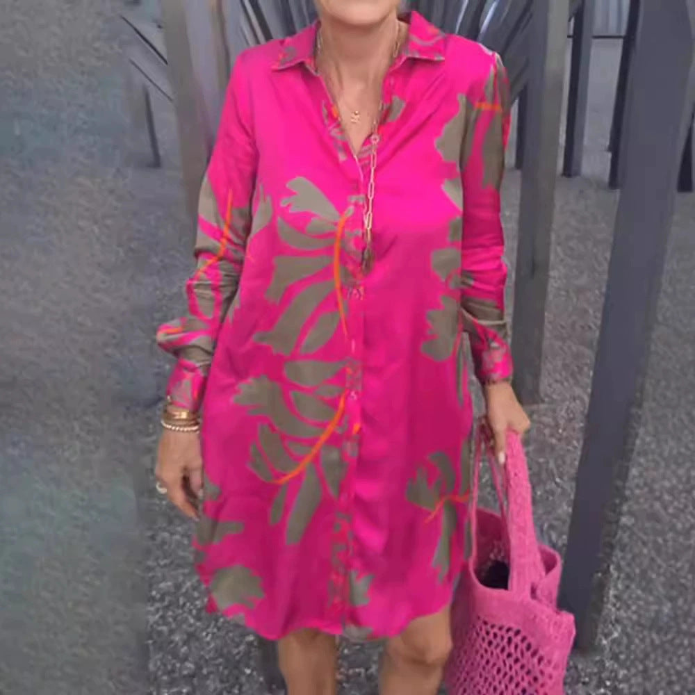 Women's short tunic shirt dress in satin look with large leaf print, shirt collar and loose A-line Mune Fashion