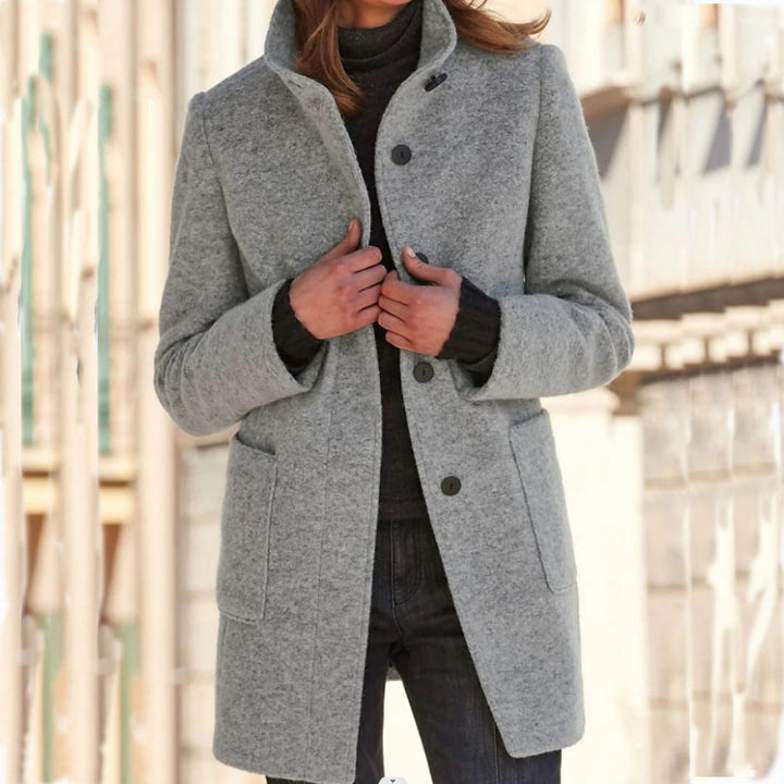 Women's Mid-Length Wool Blend Coat with Stand Collar and Patch Pockets Mune Fashion