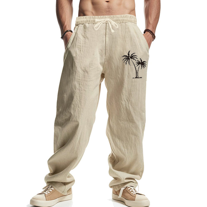 Men's Lightweight Linen-Look Casual Pants with Elastic Waistband, Drawstring & Palm Embroidery Mune Fashion