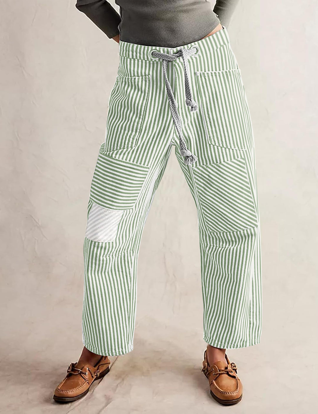 Women casual striped linen pants with drawstring and patch pockets Mune Fashion
