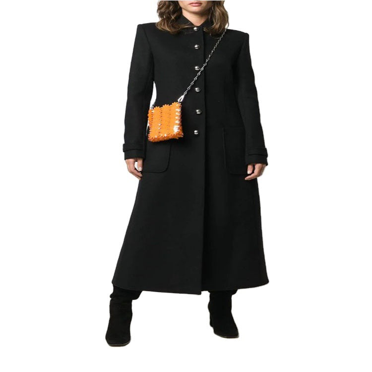 Women's Ankle-Length Tailored Wool Blend Coat with Stand-Up Collar and Decorative Button Placket Mune Fashion
