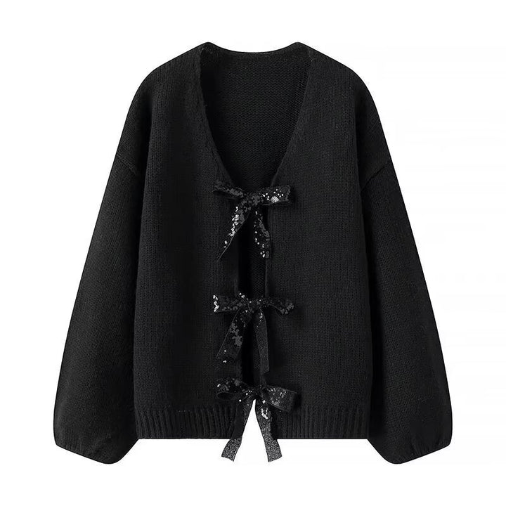 Women's knitted cardigan with V-neck and triple sequin bows Mune Fashion