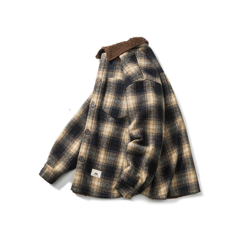 Unisex Checked Overshirt Jacket with Teddy Fleece Lining, Patch Chest Pockets and Shirt Collar Mune Fashion