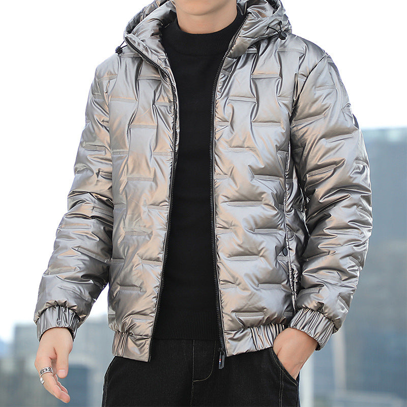 Men's Lightweight Quilted Hooded Puffer Jacket with Shiny Surface and Elastic Cuffs Mune Fashion