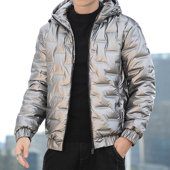 Men's Lightweight Quilted Hooded Puffer Jacket with Shiny Surface and Elastic Cuffs Mune Fashion