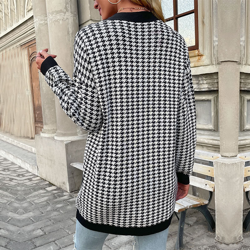 Women's Fashionable Knitted Cardigan with Houndstooth Pattern Mune Fashion
