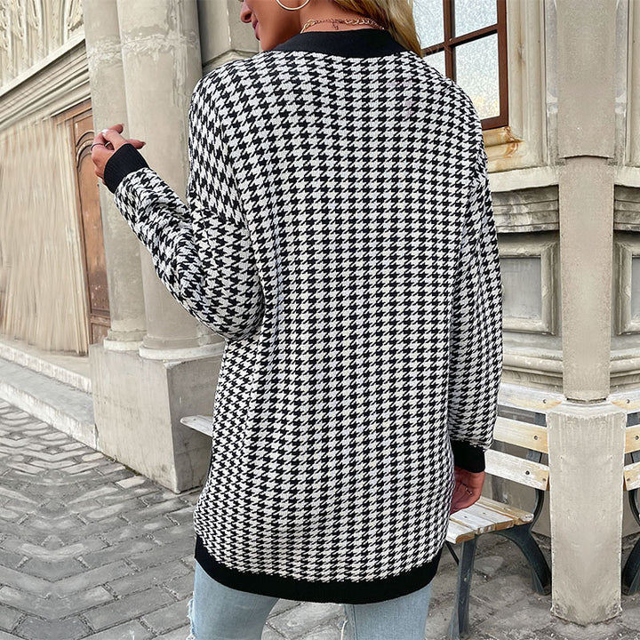 Women's Fashionable Knitted Cardigan with Houndstooth Pattern Mune Fashion