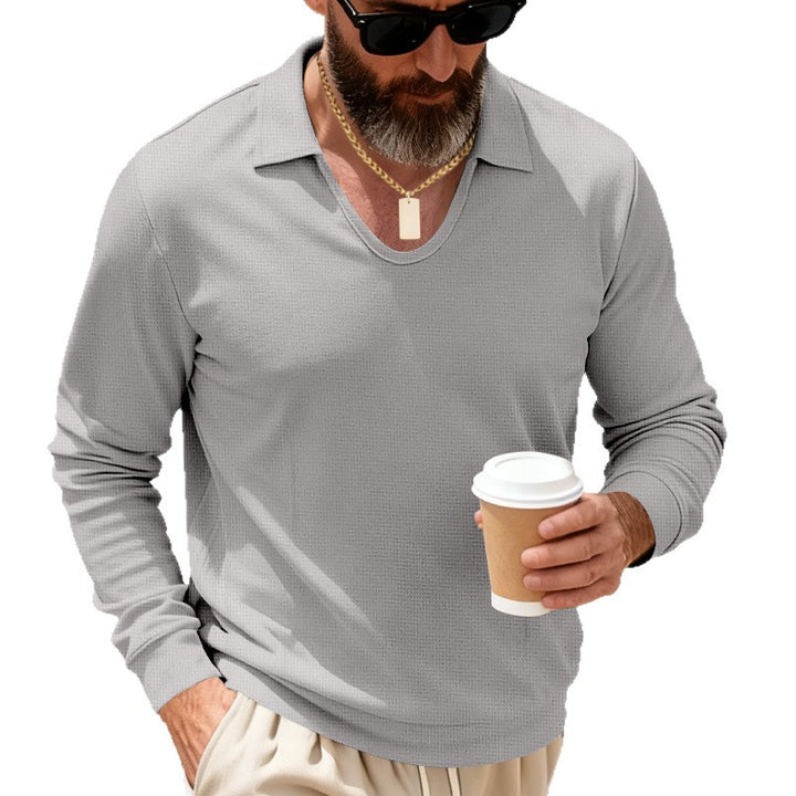 Men's patterned long sleeve polo with V-neck and open kent collar Mune Fashion