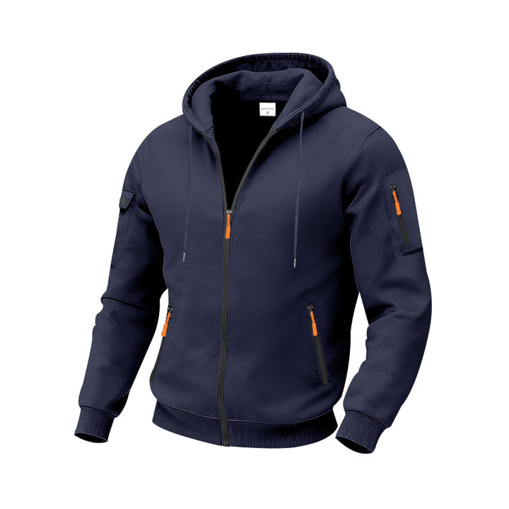 Men's nan technical zip hoodie jacket with water-repellent zipper pockets, hood, and reinforced sleeve piping Mune Fashion