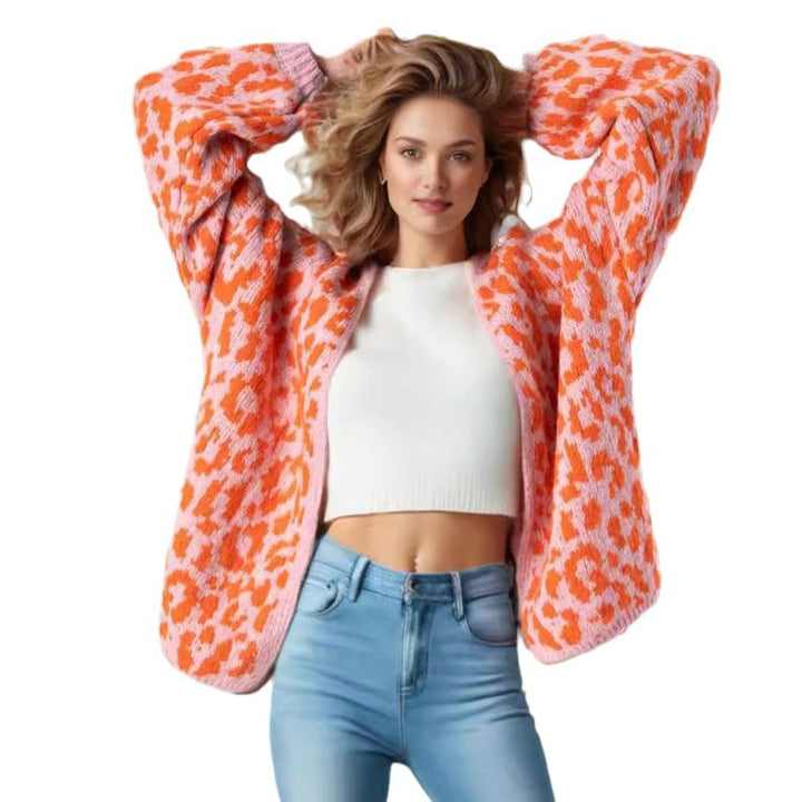 Ladies Chunky Knitted Cardigan with Stylish Leopard Pattern and Comfortable Oversized Details Mune
