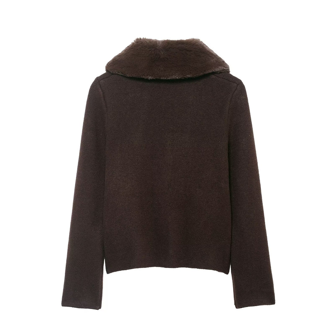 Women Short-Cut Knitted Cardigan with Detachable Faux-Fur Collar Mune Fashion