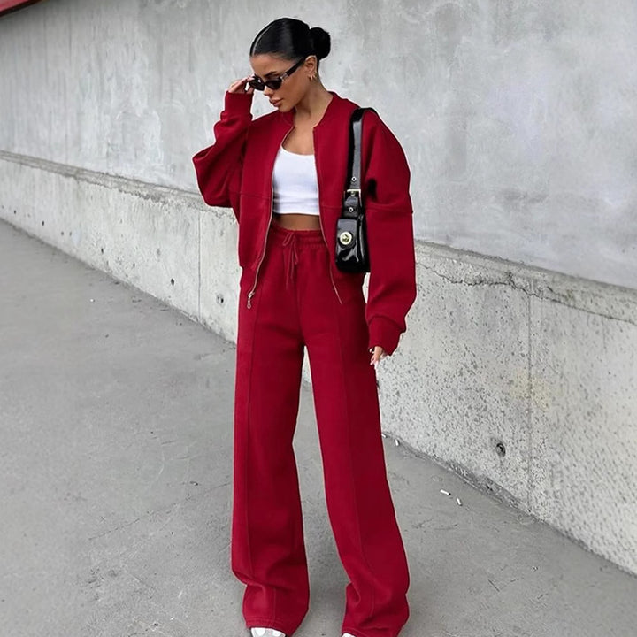Women's oversized zip-up jacket with wide high-waist lounge pants set Mune Fashion