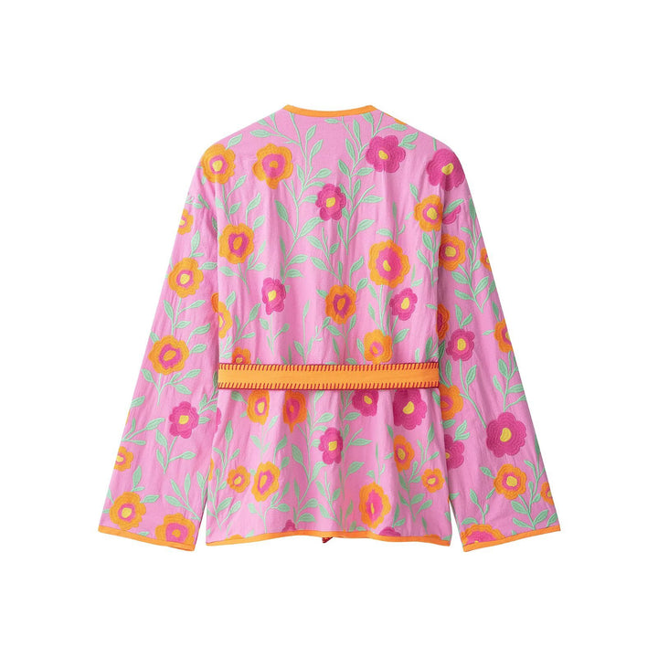 Women's Embroidered Short Kimono made of Cotton Blend with Tied Belt and V-Neck Drune