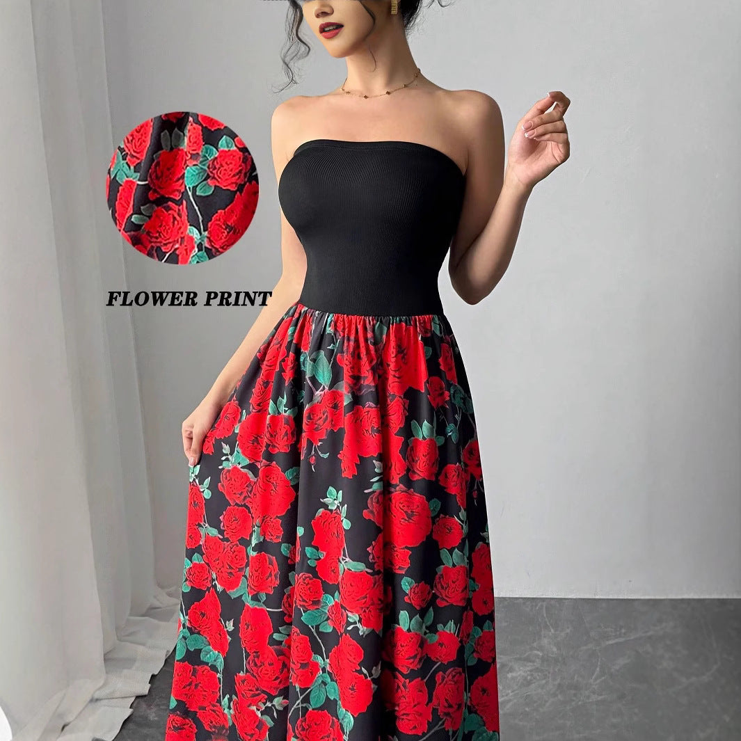 Ladies strapless maxi dress with fitted bandeau top and flared rose print skirt Mune Fashion
