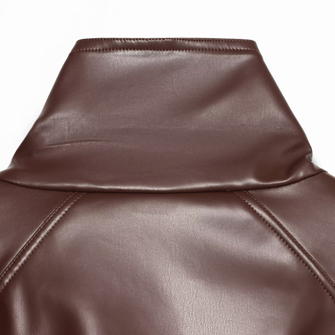 Women's Cropped Faux Leather Jacket with High Collar and Waistband Mune Fashion