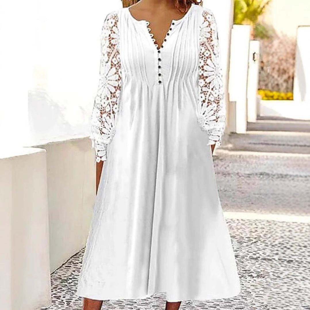 Ladies' knee-length A-line summer dress with crocheted long sleeves, pleated bodice and decorative button placket Mune Fashion