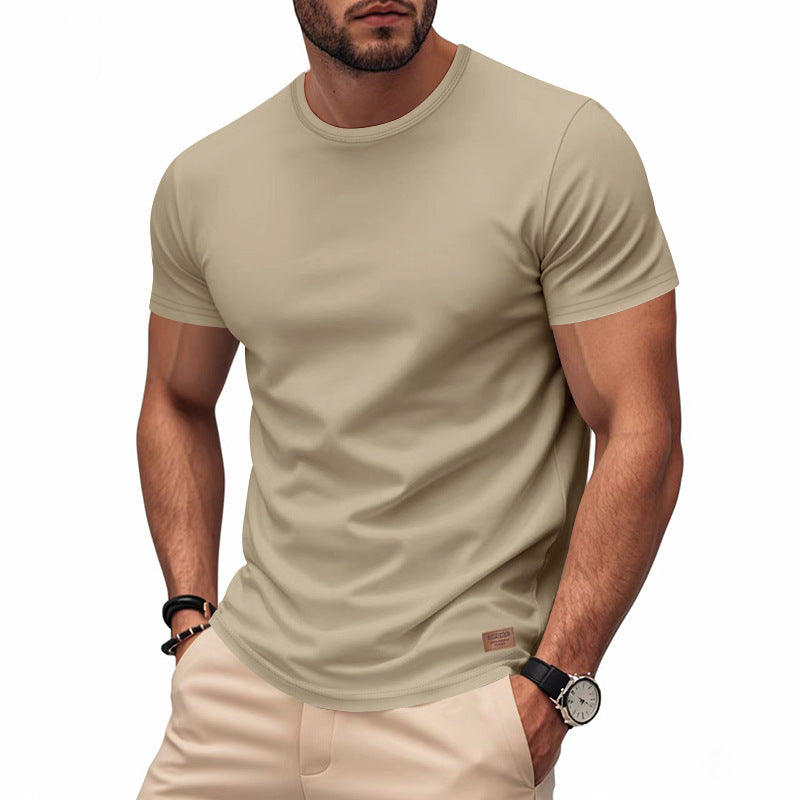 Men's slim round neck T-shirt made of smooth stretch jersey with subtle leather logo application Mune Fashion