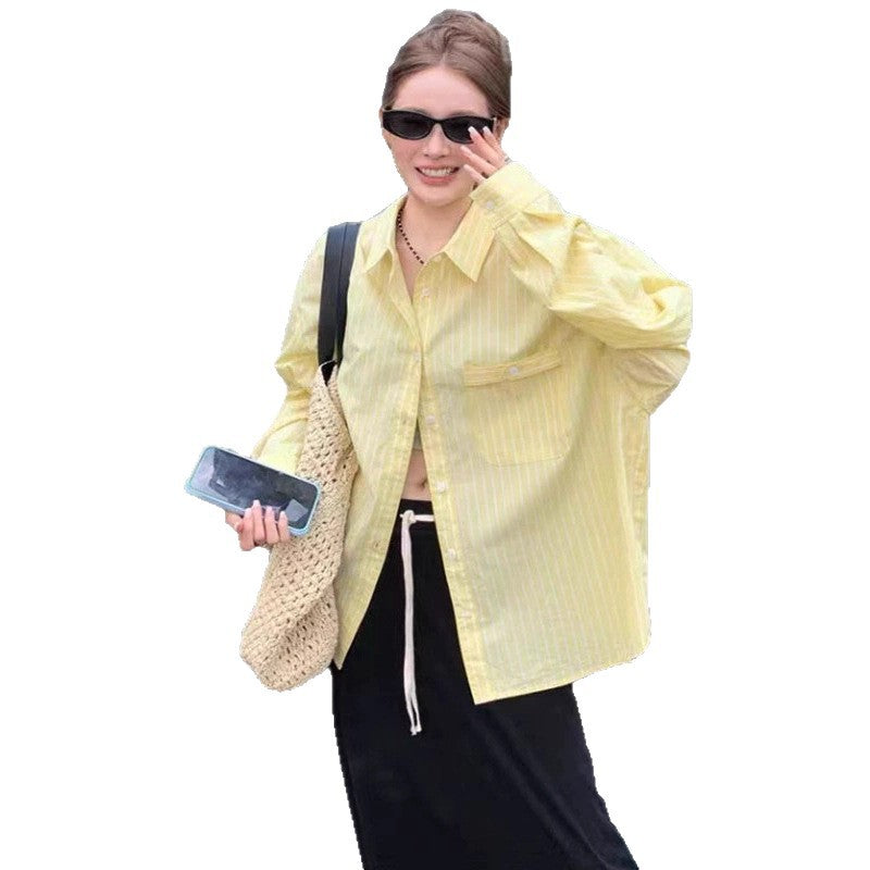 Women Wide Stripe Boxy Shirt with Extended Back Hem and Chest Pocket Mune Fashion